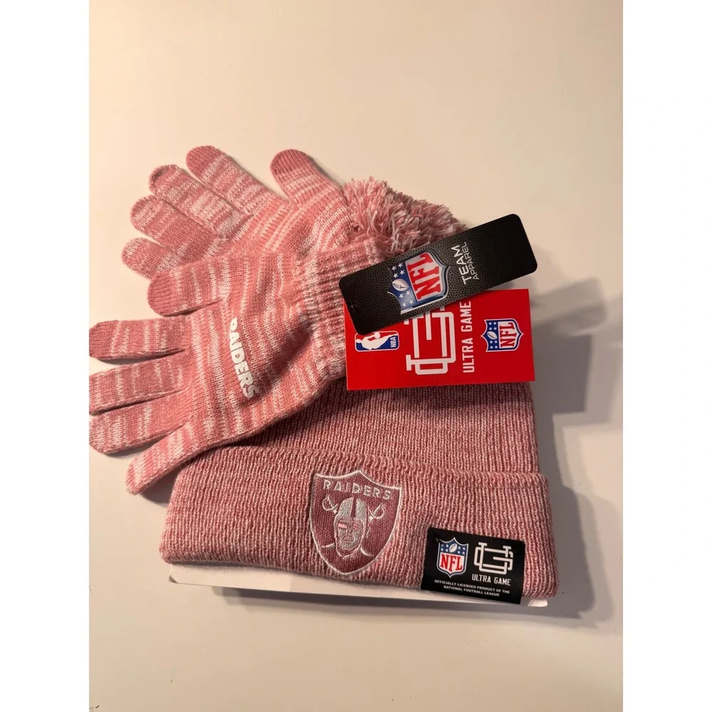 Pink & white raiders NFL hat and glove set with Pom Pom that is removable